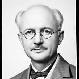 a black and white photo of a man in a suit with glasses
