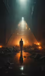 a man standing on the floor in a large metal plant
