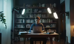 a man sitting at his laptop in front of a book shelf