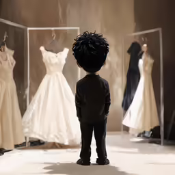 a toddler watches an exhibit of dresses on mannequins