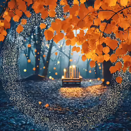 a photo taken at night with a bench