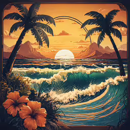 a painting of a sunset with palm trees and the ocean,the tropical painting shows flowers in a small garden
