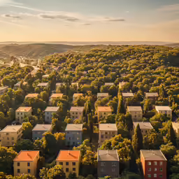 a lot of houses in the woods near some trees