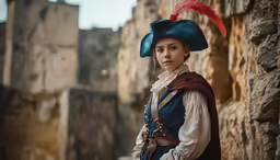 a woman dressed in historical costume is standing by ruins