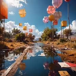 an artistic scene with balloons floating over water