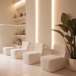 several chairs in white are arranged on a white floor