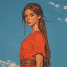 a young woman poses in front of the sky