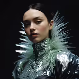 a woman with shiny clothes, green and silver feathers