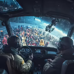 the cockpit of a plane with two pilots at night