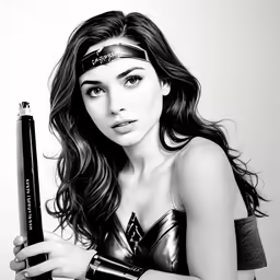 a beautiful woman holding a large black pen