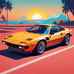 an orange car on a red road with the sun setting,a orange sports car parked in a parking lot