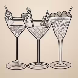 three glasses filled with different types of drinks,three martini cocktail glasses with olives and olives