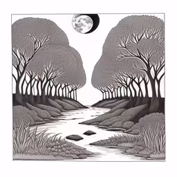 the landscape is drawn in pencil and includes trees,a drawing of trees with a river in the foreground,a picture of a river and a full moon in the distance,a drawing with trees and a river in the middle of it,a picture of trees and a moon in the sky