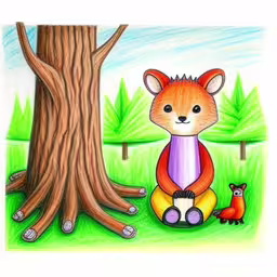 the painting shows a fox standing by a tree and another animal sitting next to it