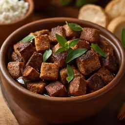 small, wooden bowl filled with tofu and vegetables