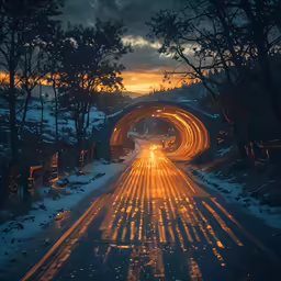a long tunnel with bright lights at sunset