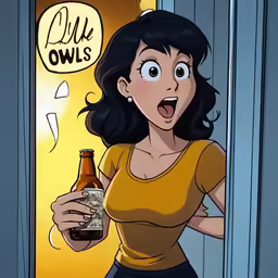 an adult woman holding a beer in her hand with the door open