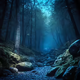 a stream runs through a thick forest on a foggy day