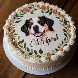 a personalized pet cake decorated with flowers and leaves