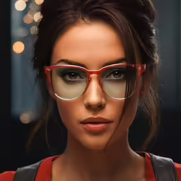 a woman wearing glasses posing for a photo