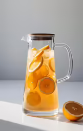 a pitcher filled with orange slices on top of a white table