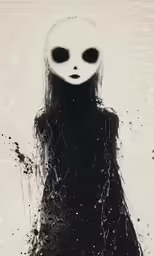 a creepy woman with dark eyes and long hair