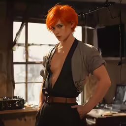 a woman with red hair is standing next to a window
