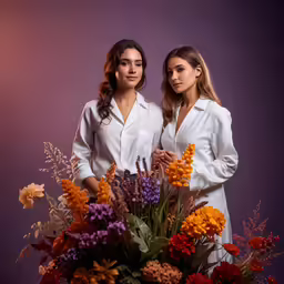 two women are standing behind a vase with flowers