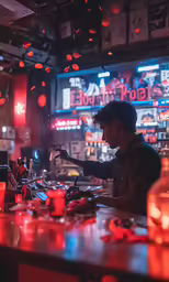 a man sitting at a bar holding onto something with red lights on the walls