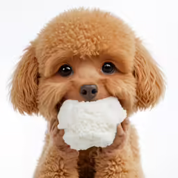 a close up of a dog holding something in its mouth