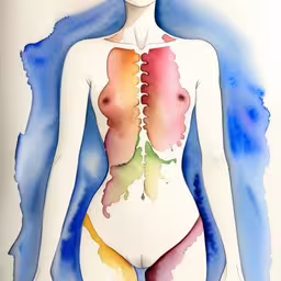 a drawing of a human being with muscles and other organ structures,a watercolor painting shows the ribs of an open breast