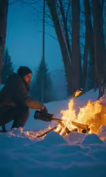 man roasting marshbeast over a campfire with forest in background at night