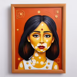 the girl is shown painted in yellow and white with dots