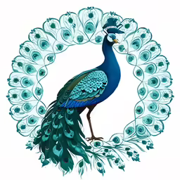 a peacock sits in a circle of feathers