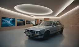 a white car is parked in a showroom