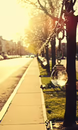 a lamp hanging from a tree next to the street