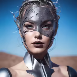 a woman wearing a metal mask and posing