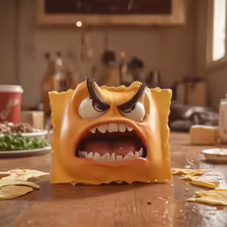 a toy of a demon with horns and fangs sitting on a table