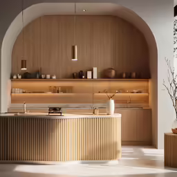 a modern counter with vases next to it