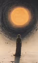 a drawing of a woman looking up at an alien light