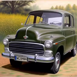 an image of a car going down the road,a painting of a green old car on the ground
