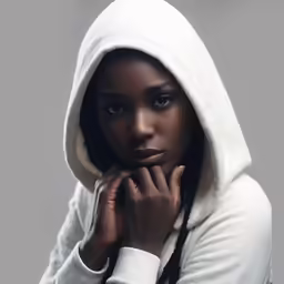 a woman wearing a white hoodie poses for a picture