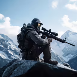 man in a black helmet with an automatic rifle sits on top of a mountain