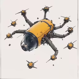 an illustration of a swarm of swarms attacking a yellow robot