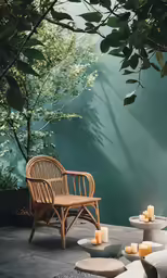a wooden chair sitting in front of a tree filled forest