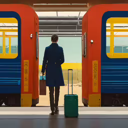 a woman standing outside of two train doors holding a suitcase,a person is standing with luggage and a suitcase by some trains