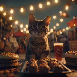 a small kitten sitting in front of some food