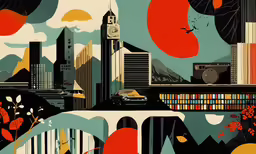 a painting with oranges, black and white, blue and red accents and a city skyline