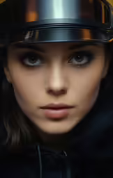 a close up shot of a woman wearing a helmet