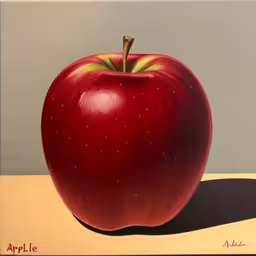 an apple is shown in this oil painting,a painting of an apple on a table,an image of an apple on display in a frame,a painting of a red apple on top of a table,an apple with yellow tips, and a shadow